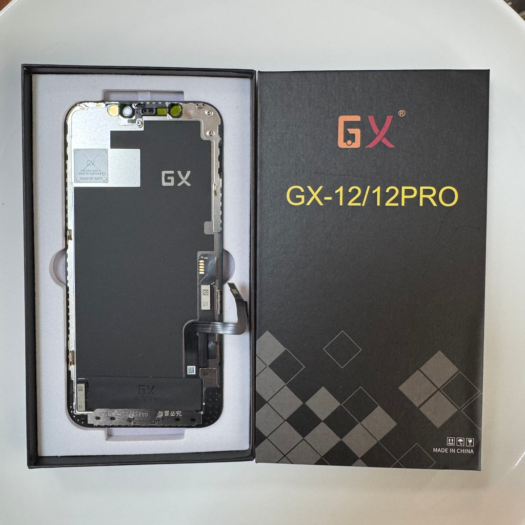 Hard OLED screen for iPhone 12 and 12 Pro in its tray, beside its labelled box