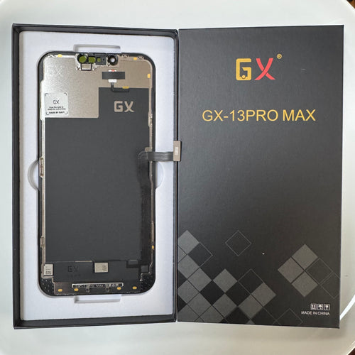 Hard OLED screen for iPhone 13 Pro Max in its tray, beside its labelled box