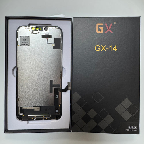 Hard OLED screen for iPhone 14 in its tray, beside its labelled box