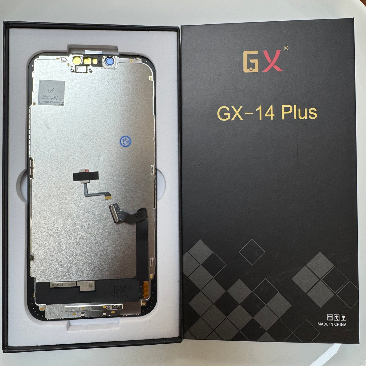 Hard OLED screen for iPhone 14 Plus in its tray, beside its labelled box