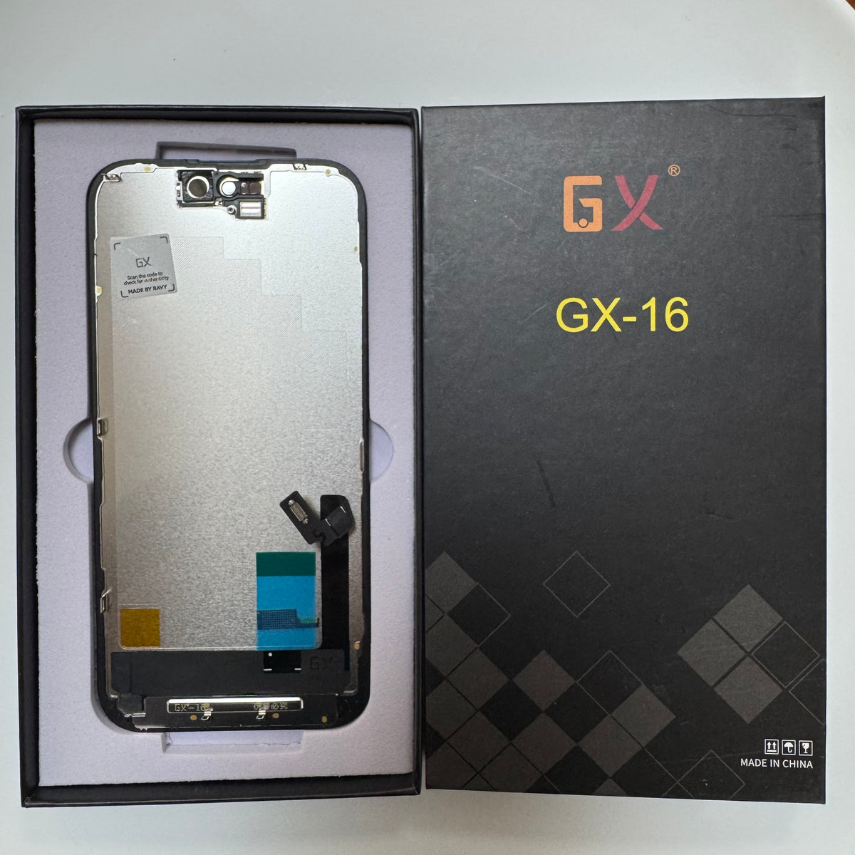 Hard OLED screen for iPhone 16 in its tray, beside its labelled box