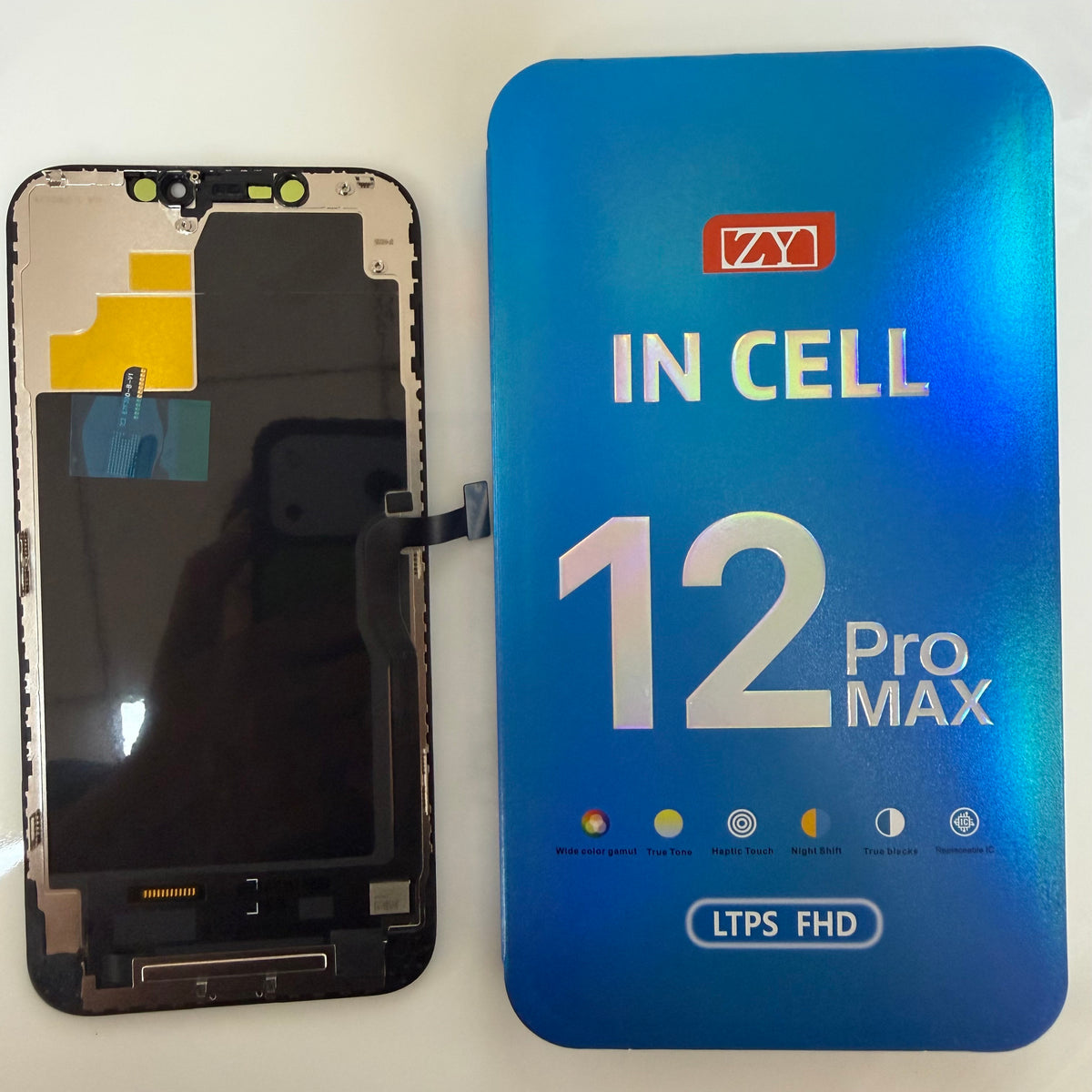 FHD incell LCD screen for iPhone 12 Pro Max beside its box