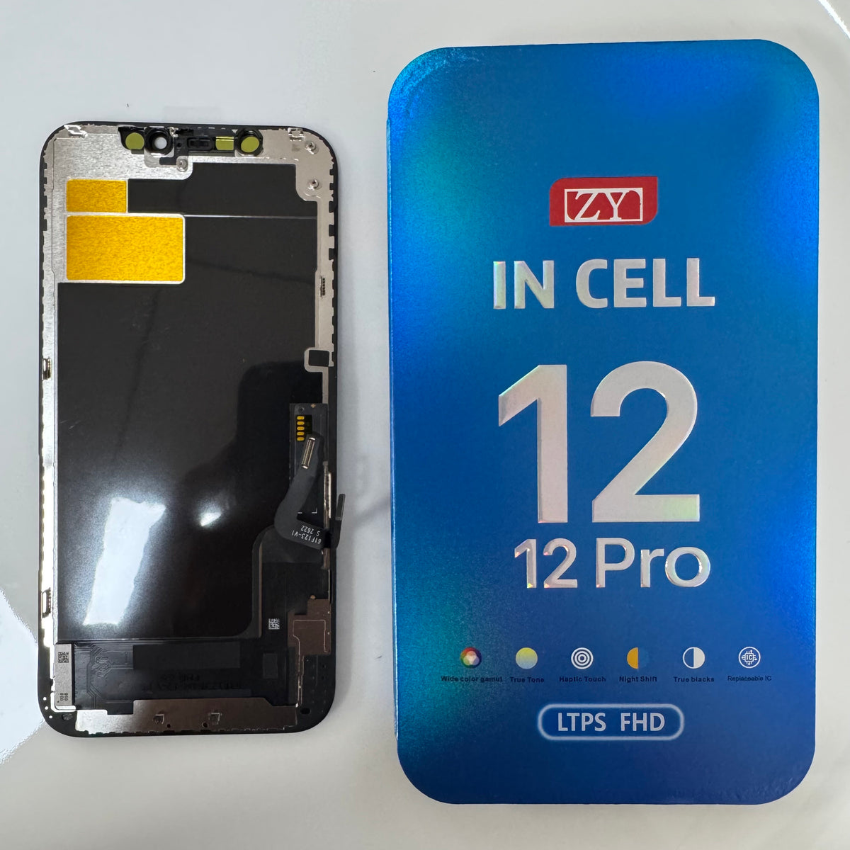 FHD incell LCD screen for iPhone 12 and 12 Pro beside its box