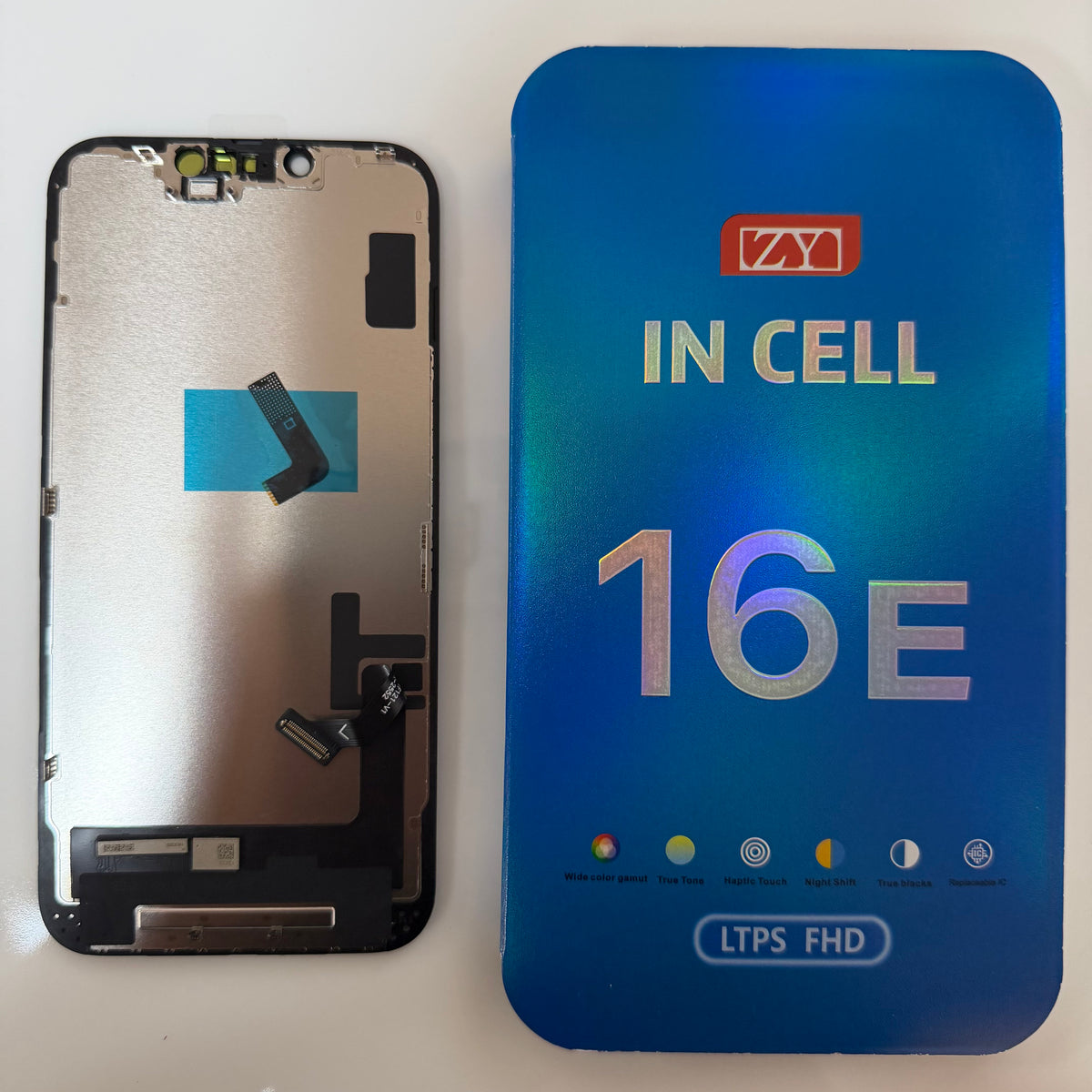 FHD incell LCD screen for iPhone 16e beside its box