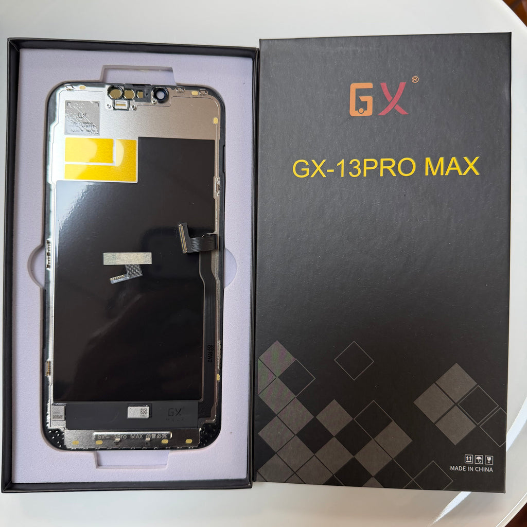 Soft OLED screen for iPhone 13 Pro Max in its tray, beside its labelled box