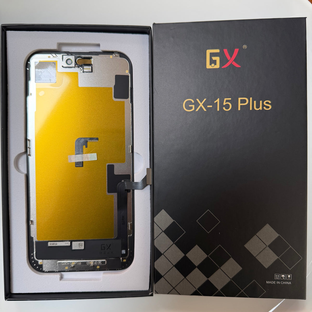 Soft OLED screen for iPhone 15 Plus in its tray, beside its labelled box
