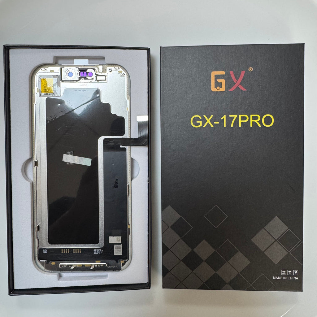 Soft OLED screen for iPhone 17 Pro in its tray, beside its labelled box